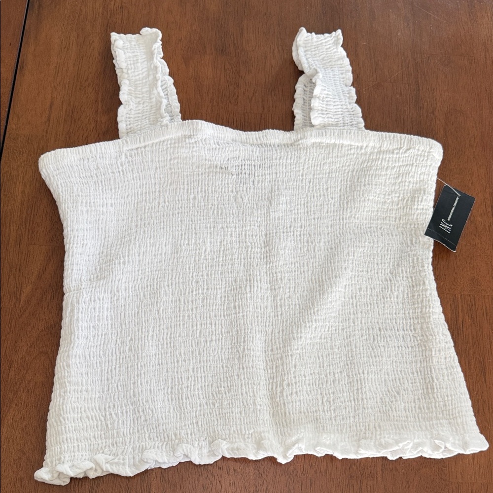 INC International Concepts White Smocked Ruffle Strap Tank